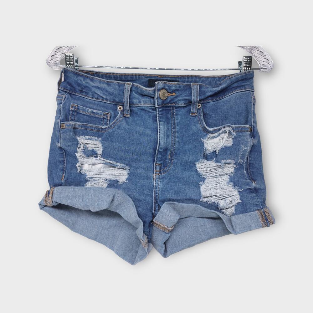 Womens Aeropostale High Rise Midi Distressed Blue Jean Shorts Size 8 - Picture 1 of 4